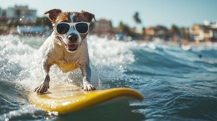 A joyful dog with sunglasses rides waves on a surfboard, embodying excitement and fun under the bright sun on a lively beach