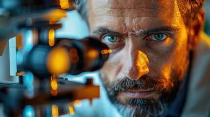 Scientist examining a sample through a microscope in a laboratory at sunset