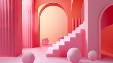 Pink Abstract Minimalist 3D Rendered Architecture with Arches and Spheres