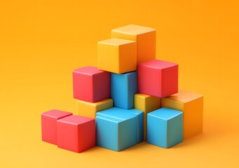 Obraz premium Abstract Colorful Cubes Stacked on Yellow Background