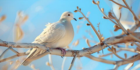 Close-Up of a White Dove Perched on a Branch in a Peaceful Natural Setting with Soft Sunlight