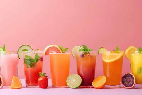 Creative food flat lay banner showcasing a variety of healthy drink options