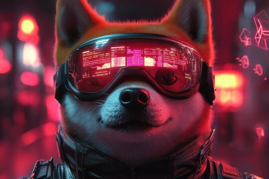 animestyle shiba inu as crypto mascot doge wears futuristic visor displaying market data cyberpunk cityscape background neon accents and holographic effects digital currency symbols float around