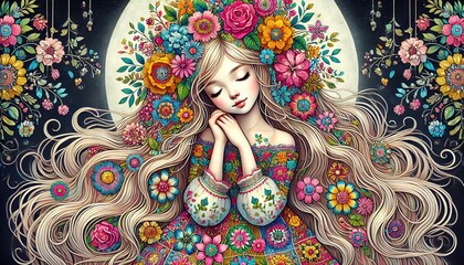 Fototapeta premium A whimsical and delicate illustration of a young girl with her eyes closed, exuding a sense of tranquility and grace