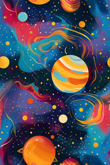 Seamless pattern of outer space with planets and stars in a vibrant style.