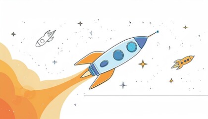 One continuous line drawing of simple retro spacecraft flying up to the outer space nebula.