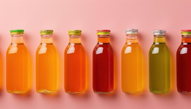 Creative food flat lay banner of probioticrich kombucha drinks in various flavors, promoting gut health and wellness, with solid background and copy space on center for advertise