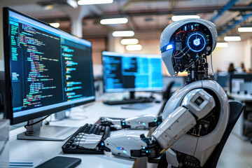 Robot Coding in Modern Office at Night 