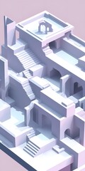 Minimalist 3D Illustration of a White Building with Stairs and Arches