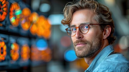 Young man with glasses observes colorful digital displays in a modern tech environment