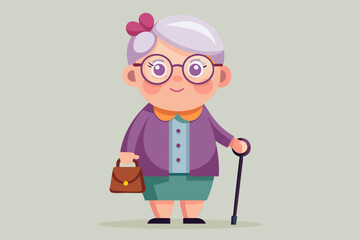 Grandmother wearing glasses. An elderly woman with a bag and a cane in her hands. Vector illustration
