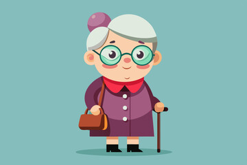 Grandmother wearing glasses. An elderly woman with a bag and a cane in her hands. Vector illustration
