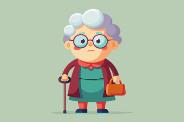 Grandmother wearing glasses. An elderly woman with a bag and a cane in her hands. Vector illustration
