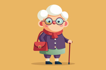 Grandmother wearing glasses. An elderly woman with a bag and a cane in her hands. Vector illustration
