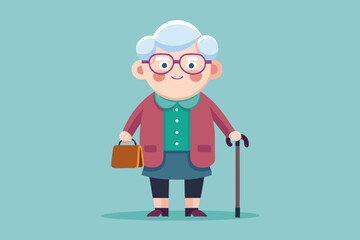 Grandmother wearing glasses. An elderly woman with a bag and a cane in her hands. Vector illustration
