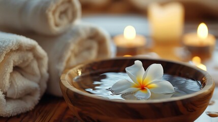 A tranquil spa setting featuring a single plumeria flower floating in a wooden bowl of warm water