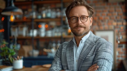 Obraz premium Professional man in a checked blazer poses confidently in a cozy cafe with rustic decor in the late afternoon