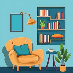 Cartoon Illustration of a Cozy Living Room with a Bookcase