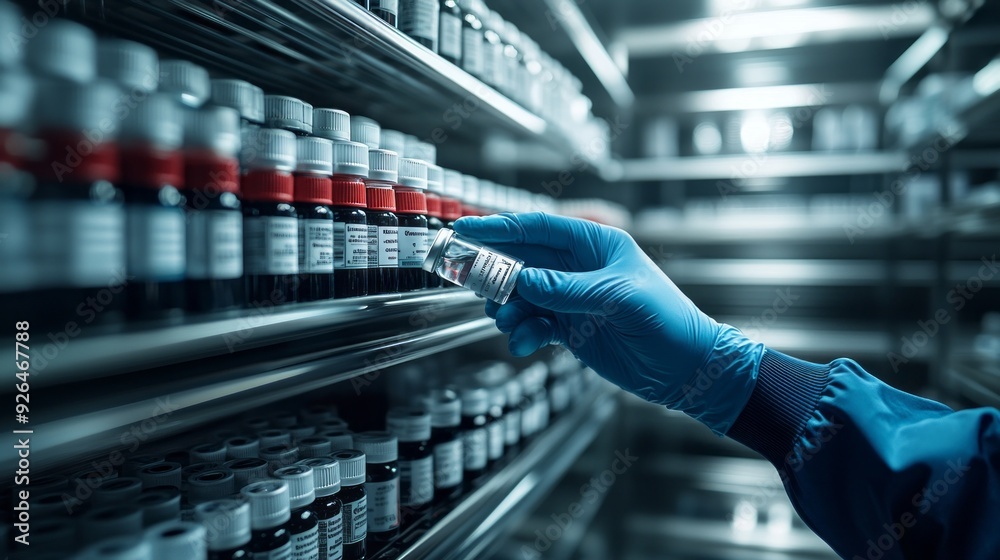 Poster a gloved hand delicately inspects a glass vial next to an array of neatly arranged chemical containe