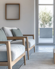 Minimalist living room interiors with a sofa, a couch and a large window bathing the room with day light.