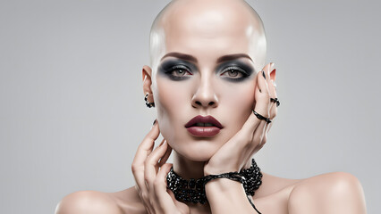 a woman with a bald head wearing makeup that emphasizes her eyes and lips she touches her face