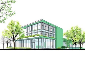 Modern architectural sketch of a green building , symbolizing sustainable design and eco-friendly construction.