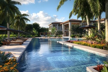 Obraz premium Luxury Villa Pool and Patio with Palm Trees and Lush Greenery