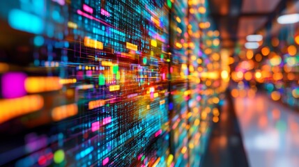 How about: A digital background featuring fiber optics with numerous bright spots, reflecting technology, finance, and data in a cityscape at night