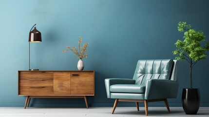 Modern mid century interior of living room ,leather armchair with wood cabinet on blue wall and wood floor ,3d render