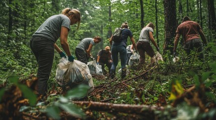 A group of volunteers cleaning up a forest after a major storm, carrying bags of debris and collecting fallen branches. The scene captures the effort of everyday people working together to restore