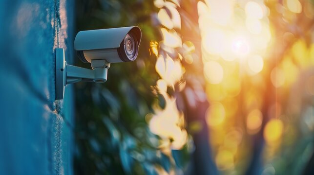 rgb security camera mounted on a wall with a blurred garden background at sunset creating a bokeh effect, symbolizing security and protection