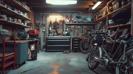 Fototapeta premium couple tidying up their garage, organizing tools