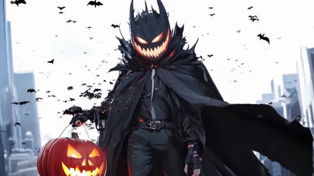 Shadowy entity towers over cityscape. Glowing jack-o'-lantern face emits eerie light. Tattered cloak billows, releasing swarms of bats. Urban Halloween scene blends supernatural with modernity.	