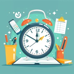 Illustration of a colorful alarm clock on a desk with office supplies, open book, reminding time management and productivity.