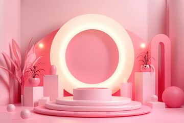 In a supernatural setting, a podium showcases cosmetics that adjust their hues based on the users emotions, blending fantasy with cuttingedge technology, high tech, with copy space