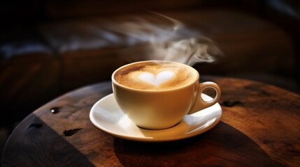 Fototapeta premium A cup of steaming hot coffee with a heart-shaped foam