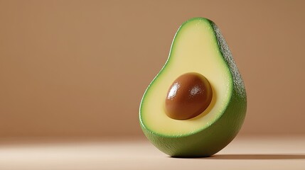 A 3D cartoon avocado with a green outer skin and brown seed, placed on a light brown background.