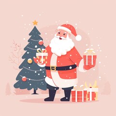 Festive illustration of Santa Claus holding presents next to a decorated Christmas tree with snowfall in the background.