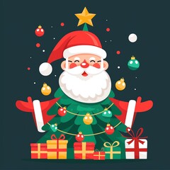 Festive illustration of Santa Claus amidst a decorated Christmas tree with colorful ornaments and presents, ideal for holiday themes.