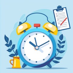 Colorful illustration of an alarm clock with a clipboard and checklist. Perfect for themes of time management and productivity.