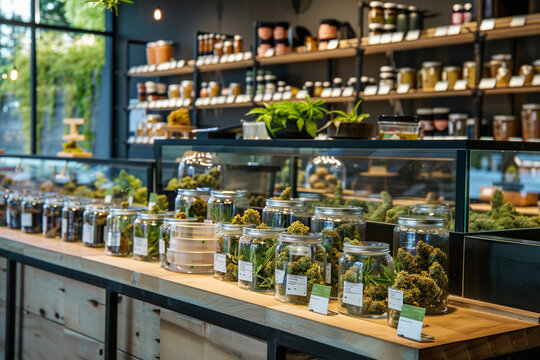 Glass Jars Filled with Dried Herbs on a Shelf