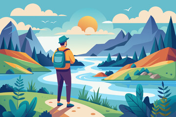 Concept of exploration, discovery, hiking, searching and adventure. A man with a backpack, explorer or traveler stands on top of a mountain and looks at the river
