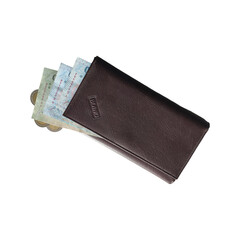 brown leather wallet with money bank isolated transparent background