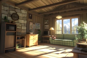 Cozy Cabin Living Room with Wooden Beams and Stone Wall