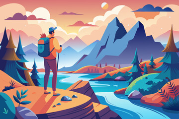 Adventurous Traveler with Backpack Standing on Mountain Peak, Gazing at River Below, Capturing the Spirit of Exploration and Discovery.