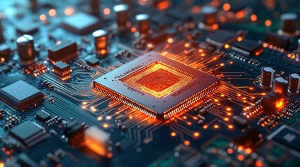 Fototapeta premium A close-up view of a green electronic circuit board featuring computer components like a motherboard, processor, and various chips