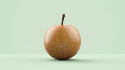 A 3D cartoon chico fruit with a round brown surface, placed on a light green background.