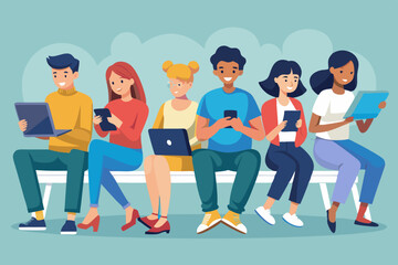 Obraz premium Young people are sitting on a bench with gadgets. Students use laptops, smartphones and tablets for study. Internet addiction. 