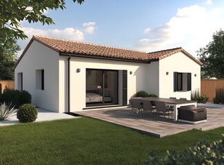 Modern White House with Brown Roof and Patio Furniture