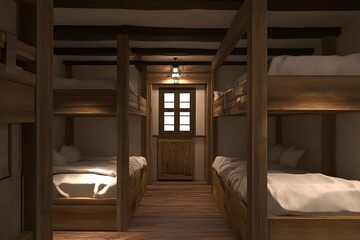 Rustic Wooden Bunk Beds In A Room With A Window